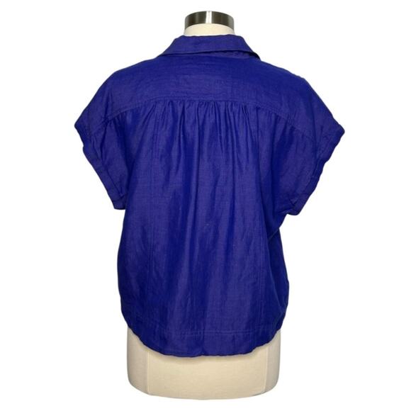 Anthropologie Linen Blend Crop Utility Pocket Split V Neck Collared Top Size L - Picture 3 of 10